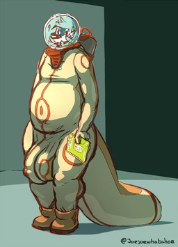 anthro armor belly big_bulge big_penis big_tail book boots bulge clothing detailed_bulge footwear genitals headgear helmet holding_book holding_object huge_bulge huge_penis hyper hyper_genitalia hyper_penis male overweight overweight_male pear-shaped_figure penis shoes simple_background solo spacesuit standing tail thick_thighs wide_hips joebluefox joe_(joebluefox) canid canine fox mammal