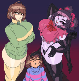 ambiguous_gender armwear big_breasts black_armwear black_clothing black_elbow_gloves black_gloves black_handwear black_legwear black_thigh_highs blue_clothing blue_sweater blue_topwear breasts brown_hair clothed clothing elbow_gloves eyes_closed female gloves gradient_background green_clothing green_sweater green_topwear group hair hand_on_head handwear huge_breasts larger_female leggings legwear multi_arm multi_eye multi_limb panties partially_clothed pattern_clothing pattern_sweater pattern_topwear purple_eyes purple_hair red_eyes simple_background size_difference smaller_human striped_clothing striped_sweater striped_topwear stripes sweater thick_thighs thigh_highs topwear trio underwear captainkirb undertale undertale_(series) chara_(undertale) frisk_(undertale) muffet arachnid arthropod human humanoid mammal spider absurd_res hi_res nonbinary_(lore)