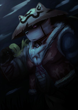 anthro asian_conical_hat clothing dark fur grey_body grey_fur hair hair_over_eye hat headgear headwear katana male melee_weapon night one_eye_obstructed red_eyes samurai solo sword warrior weapon ren_izayoi lifewonders tokyo_afterschool_summoners shino_(tas) canid canine canis domestic_dog mammal