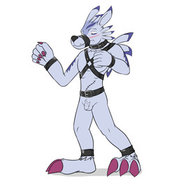 anthro armcuff balls bdsm belt belt_buckle black_harness blush bondage bound buckle claws foreskin genitals harness humanoid_genitalia humanoid_penis humiliation legcuff male muzzle_(object) nude penis purple_claws simple_background solo teeth_showing unretracted_foreskin white_background fuze bandai_namco digimon digimon_(species) weregarurumon 1:1 hi_res