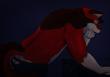 anthro butt butt_cleavage clothed clothing looking_at_viewer male presenting seductive smile solo tail topless echo_(game) echo_(series) echo_project leo_alvarez canid canine canis mammal wolf hi_res