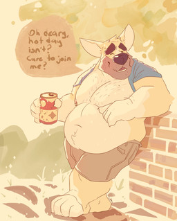 anthro beard belly big_belly big_moobs blue_clothing blue_topwear bottomwear brown_beard brown_bottomwear brown_clothing brown_facial_hair brown_shorts can clothing container eyes_closed facial_hair fur head_tuft holding_can holding_container holding_object male moobs nipple_piercing nipple_ring nipples obese obese_anthro obese_male open_mouth overweight overweight_anthro overweight_male piercing ring_piercing shorts solo speech_bubble standing text topwear tuft white_body white_fur yellow_body yellow_fur chocolateandmilk richard_(chocolateandmilk) canid canine canis domestic_dog mammal 2021 dated english_text hi_res signature