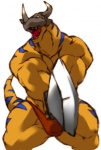 anthro clothed clothing green_eyes male melee_weapon partially_clothed solo sword tail weapon magumataishi bandai_namco digimon digimon_(species) dinosaur greymon prehistoric_species reptile scalie