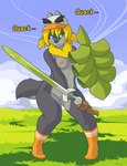 anthro black_body blonde_hair breasts clothing cosplay day female genitals hair hat headgear headwear looking_at_viewer melee_weapon nipples nude outside pussy solo sword weapon helsy nintendo pokemon lafille canid canine canis generation_8_pokemon mammal pokemon_(species) sirfetch'd wolf hi_res