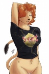 anthro bottomless clothed clothing female food fruit genitals hair lemon plant pussy raised_arm red_hair shirt solo tail topwear wide_hips badenov felid lion mammal pantherine 2:3 hi_res