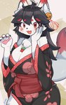 4_fingers anthro asian_clothing bell big_breasts black_hair blush breasts chest_tuft clothing dipstick_ears dipstick_tail ear_markings east_asian_clothing female fingerpads fingers fur hair kemono looking_at_viewer markings multicolored_ears open_mouth pawpads red_body red_eyes red_fur simple_background smile solo tail tail_markings tuft white_body white_fur arumo canid canine fox mammal 2024 5:8 absurd_res hi_res