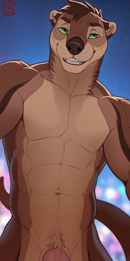 abs anthro balls biceps big_penis brown_body brown_fur city city_background flaccid foreskin fur genitals green_eyes grin grinning_at_viewer humanoid_genitalia humanoid_penis looking_at_viewer male multicolored_body muscular muscular_male navel night nude obliques pecs penis pink_penis pubes retracted_foreskin smile smiling_at_viewer solo tan_body fleki mammal mustelid otter hi_res