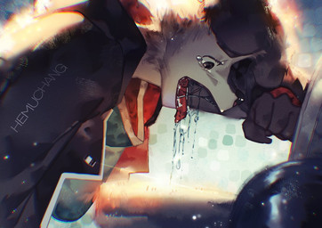 anthro black_body black_clothing black_eyes black_fur black_jacket black_topwear bodily_fluids clothing drooling excessive_saliva floppy_ears fur green_clothing green_shirt green_topwear jacket male saliva shirt solo tears tongue tongue_out topwear white_body white_fur hemuchang shin_(hemuchang) canid canine canis domestic_dog mammal 2022
