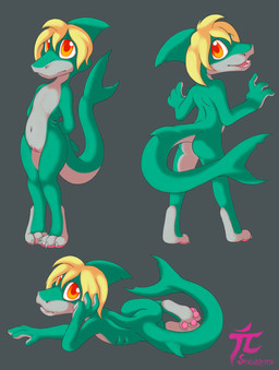 4_fingers 4_toes anthro arm_support blonde_hair butt clitoris feet female fin fingers flat_chested genitals gills green_body grey_background grey_body hair hands_behind_back looking_at_viewer lying multicolored_body multiple_poses navel notched_fin nude on_side orange_eyes pawpads pose simple_background solo standing toes two_tone_body vulva young young_anthro young_female sogaroth vivian_(sogaroth) aquatic fish shark 2015 digital_media_(artwork) hi_res watermark