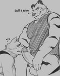 anthro balls big_balls big_penis blush clothing duo eye_contact genitals glans heart_symbol holding_penis looking_at_another male male/male markings penis profanity shirt striped_markings stripes tank_top text topwear jayjay_(artist) beastars bill_(beastars) legoshi_(beastars) bengal_tiger canid canine canis felid mammal pantherine tiger wolf 2023 english_text hi_res monochrome sketch