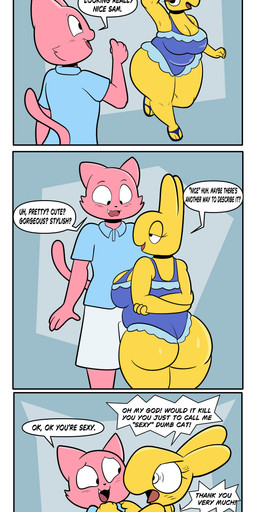 anthro big_butt biped blue_clothing blue_one-piece_swimsuit blue_swimwear bottomwear breasts butt clothed clothing dialogue duo eyelashes female half-closed_eyes larger_male male male/female narrowed_eyes one-piece_swimsuit pink_body pupils size_difference smaller_female smile speech_bubble swimwear tail text thick_thighs topwear yellow_body someth1ngoranother capybara caviid domestic_cat felid feline felis mammal rodent absurd_res english_text hi_res