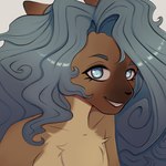 anthro blue_eyes blue_hair brown_body brown_fur chest_tuft clothed clothing curled_hair female fur grey_hair hair long_hair looking_at_viewer simple_background smile solo tan_body tan_fur teeth topless tuft white_background tanatos_aaa canid canine mammal maned_wolf 1:1 bust_portrait hi_res portrait