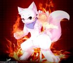 2018 anthro biped blush canid canine canis featureless_crotch fire fireball fur hi_res kerchief lyricwulf male mammal neckerchief on_hind_legs pattern_background pawpads scarf senz signature simple_background solo standing text url white_body white_fur wolf