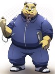 anthro belly big_belly bottomwear clothing facial_hair humanoid_hands kemono male mature_male mustache overweight overweight_male pants solo emufu canid canine canis domestic_dog mammal 2024 hi_res