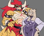 abs annoyed anthro armband big_breasts big_hair black_eyeshadow bracelet breasts chest_wraps clothing collar crossgender dress duo eyebrows eyeshadow female grey_background hair half-closed_eyes hand_behind_head hand_on_hip hands_on_hips horn horn_jewelry horn_ring jewelry long_hair long_sleeves makeup mtf_crossgender muscular muscular_anthro muscular_female narrowed_eyes navel_outline non-mammal_breasts one_eye_half-closed open_mouth open_smile purple_clothing purple_dress red_eyes red_hair ring_(jewelry) scar simple_background smile spiked_armband spiked_bracelet spiked_collar spiked_tail spikes spikes_(anatomy) tail thick_eyebrows thick_thighs wide_hips wraps aaaaaron122 mario_bros nintendo undertale_(series) bowser toriel boss_monster_(undertale) bovid caprine goat koopa mammal scalie 6:5 absurd_res crossover digital_drawing_(artwork) digital_media_(artwork) hi_res