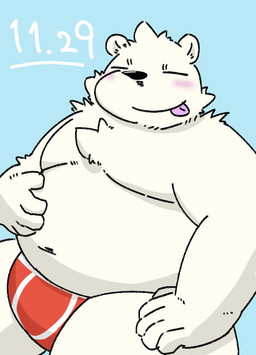 anthro belly big_belly black_nose blush clothing eyes_closed kemono male moobs navel overweight overweight_male solo tongue tongue_out underwear white_body 3_7_3_k bear mammal polar_bear ursine 2025