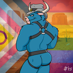 2_horns anthro biped blue_body blue_fur butt cactus closed_smile clothing cowboy_hat desert fur grey_clothing grey_hat grey_headwear harness hat headgear headwear horn lgbt_pride looking_back male mesa_(landscape) mouth_closed pink_inner_ear plant pride_colors progress_pride_colors rear_view saguaro smile solo tailless fabfelipe lgbt_pride_month wild_west_c.o.w.-boys_of_moo_mesa the_dakota_dude bovid bovine cattle mammal 1:1 2025 digital_drawing_(artwork) digital_media_(artwork) hi_res