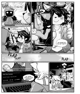 anthro black_body black_fur border cellphone clothing computer dialogue duo electronics exclamation_point eye_markings eyes_closed female fur fur_markings gesture group hand_gesture hoodie infidelity jacket laptop male male/male markings nude onomatopoeia panicking phone question_mark shirt shocked short short_anthro short_male smartphone sound_effects speech_bubble tank_top text thumbs_up topwear trio white_border mousesix league_of_legends riot_games tencent kennen_(lol) teemo_(lol) tristana_(lol) veigar yordle black_and_white comic digital_media_(artwork) english_text hi_res monochrome right_to_left