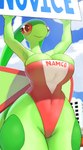 anthro anthrofied big_breasts breasts cleavage clothed clothing female one-piece_swimsuit pokemorph smile solo strapless_clothing strapless_swimwear swimwear text thick_thighs ozoneserpent nintendo pokemon ridge_racer flygon generation_3_pokemon pokemon_(species) 2022 english_text hi_res