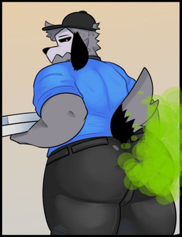 anthro big_butt black_bottomwear black_cap black_clothing black_ears black_pants blue_clothing blue_shirt blue_short blue_topwear bone bone_mask bottomwear box butt clothed clothing container fart fart_cloud fart_fetish fluffy fluffy_head fluffy_tail food fully_clothed fur glare green_fart_cloud grey_body grey_fur hair hat headgear headwear huge_butt looking_at_viewer looking_back looking_back_at_viewer male mask multicolored_hair narrowed_eyes overweight overweight_male pants pizza pizza_box rear_view shirt skull skull_mask slightly_chubby solo squint tail thick_thighs tight_bottomwear tight_clothing tight_pants topwear two_tone_hair wide_hips yellow_eyes unknown_artist domino's_pizza ghost_(chumblings) canid canine mammal skeleton_dog skulldog_(species) digital_media_(artwork)