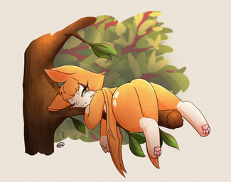 anthro butt eyes_closed female fur green_eyes leaf lying on_front orange_body orange_ears orange_fur orange_tail pawpads paws plant solo tail teeth tree waking_up wings kjh_22 dust:_an_elysian_tail fidget_(elysian_tail) bat mammal nimbat absurd_res hi_res