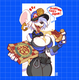 anthro big_breasts breasts cleavage clothed clothing dialogue ear_piercing ear_ring female food food_on_breasts freckles hat headgear headwear piercing pizza ring_piercing solo speech_bubble text thick_thighs wide_hips foresttherotten officer_flint_(foresttherotten) mammal murid murine rat rodent 2025 english_text hi_res
