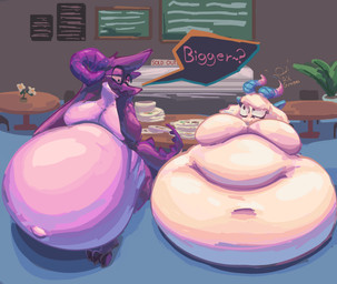anthro bakery belly belly_on_ground big_belly big_breasts breasts curved_horn duo eyewear featureless_breasts featureless_moobs female fur glasses hair hand_on_chin horn huge_belly hyper hyper_belly long_ears looking_at_another looking_at_partner male male/female moobs multicolored_horn navel outie_navel overweight public purple_body purple_horn purple_spikes seductive size_difference speech_bubble spiked_tail spikes spikes_(anatomy) tail white_body white_hair wide_hips rik_grape mythology fuzen_(fuzenevil) hazel_(hazlnutt) dragon furred_dragon furred_scalie mythological_creature mythological_scalie scalie absurd_res hi_res