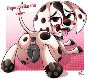 abstract_background animal_genitalia animal_vulva anus bedroom_eyes blush butt canine_genitalia canine_vulva collar collar_only feet female female_feral feral fur genitals looking_at_viewer looking_back looking_back_at_viewer markings moan narrowed_eyes nude onomatopoeia pattern_background pawpads paws puffy_anus quadruped rear_view seductive simple_background soles solo sound_effects spots spotted_body spotted_fur talking_to_viewer text tilde_after_text tongue tongue_out toony vulva year young young_female young_feral pkbr4insh0ck_(artist) 101_dalmatian_street 101_dalmatians disney dee_dee_(101_dalmatians) canid canine canis dalmatian domestic_dog mammal 2024 absurd_res colored dated english_text hi_res shaded signature