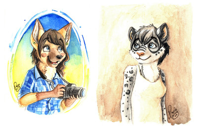 anthro black_nose blue_clothing blue_hair blue_topwear brown_body brown_fur brown_hair camera closed_smile clothed clothing ear_piercing female female_anthro fur gauged_ear glistening glistening_nose gloves_(marking) green_eyes grey_body grey_fur hair holding_camera holding_object logo markings mouth_closed open_mouth open_smile orange_body orange_fur piercing short_hair smile solo topwear yellow_clothing yellow_topwear pandapaco canid canine canis domestic_dog felid german_shepherd herding_dog mammal pantherine pastoral_dog snow_leopard artist_logo multiple_images signature