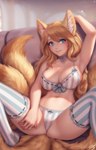 2022 5_fingers animal_humanoid big_breasts biped blonde_hair blue_bow blue_bra blue_clothing blue_eyes blue_legwear blue_panties blue_ribbon blue_stockings blue_underwear blurred_background blush bottomwear bow_(feature) bow_bra bow_panties bow_ribbon bow_underwear bra breasts canid canid_humanoid canine canine_humanoid cleavage clothed clothing clothing_bow collar collar_tag colored colored_edge_panties detailed detailed_background detailed_fur digital_media_(artwork) dipstick_tail eyelashes female fingernails fingers fluffy fluffy_tail fox_humanoid front_view fur furniture glistening glistening_eyes hair hand_behind_head heart_collar_tag heart_symbol hi_res humanoid humanoid_hands inner_ear_fluff inside legwear light_body light_skin lingerie long_hair looking_at_viewer mammal mammal_humanoid markings midriff monotone_hair multi_tail multicolored_tail nails navel on_sofa orange_body orange_fur orange_tail panties pattern_bottomwear pattern_bra pattern_clothing pattern_legwear pattern_panties pattern_stockings pattern_thigh_highs pattern_topwear pattern_underwear personalami pinup portrait pose raised_arm shaded signature sitting sofa solo spread_legs spreading stockings striped_bottomwear striped_bra striped_clothing striped_legwear striped_panties striped_stockings striped_thigh_highs striped_topwear striped_underwear stripes tail tail_markings thigh_highs three-quarter_portrait three-quarter_view topwear tuft two_tone_tail underwear underwear_only white_bra white_clothing white_inner_ear_fluff white_legwear white_panties white_stockings white_thigh_highs white_underwear yellow_body yellow_ears yellow_fur yellow_inner_ear yellow_tail