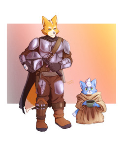 abstract_background armor black_nose blaster blue_body blue_fur blue_hair boots cape clothing container cosplay crossover_cosplay cup darksaber duo footwear fur green_eyes hair holding_container holding_cup holding_object holding_weapon holstered_pistol lightsaber male mandalorian_armor mandalorian_helmet melee_weapon multicolored_body multicolored_fur orange_body orange_fur robe shoes tan_body tan_fur weapon white_body white_fur kokoro-tokoro nintendo star_fox star_wars the_mandalorian din_djarin din_grogu fox_mccloud marcus_mccloud canid canine canis fox mammal absurd_res crossover hi_res signature father_(lore) father_and_child_(lore) father_and_son_(lore) parent_(lore) parent_and_child_(lore) parent_and_son_(lore) son_(lore)