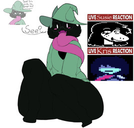 anthro big_butt black_body black_fur blush bottomless butt clothed clothing eyewear female fur glasses group hat headgear headwear horn long_tongue looking_at_viewer male male_focus open_mouth simple_background smile text thick_thighs tongue tongue_out topwear topwear_only trio wide_hips woopyy deltarune live_tucker_reaction undertale_(series) kris_dreemurr ralsei susie_(deltarune) bovid caprine darkner goat human mammal monster reptile scalie absurd_res digital_media_(artwork) hi_res