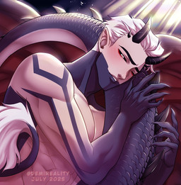 abs black_horn grey_body grey_scales grey_tail hair horn lying male male_humanoid muscular muscular_humanoid muscular_male narrowed_eyes nude on_side one_eye_closed pecs scales short_hair side_view solo tail tail_tuft tan_body text tuft white_hair white_tail demireality mythology animal_humanoid dragon dragon_humanoid humanoid mythological_creature mythological_scalie scalie 2025 artist_name dated hi_res