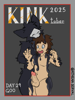 anthro biped blue_eyes duo erection genitals glans human_on_anthro humanoid_genitalia humanoid_penis interspecies magazine male male/male nom penis species_transformation standing surprised transformation athenaserval changed_(video_game) kinktober kinktober_2025 lin_(changed) puro_(changed) canid canine dark_latex goo_creature human mammal 2025 3:4 cover hi_res magazine_cover