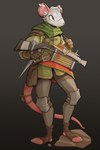 anthro arbalist armor belt boots bottomwear brigandine brown_belt clothed clothing crossbow dagger ear_piercing ear_ring female footwear fully_clothed fur green_clothing green_scarf green_topwear grey_bottomwear grey_clothing holding_dagger holding_melee_weapon holding_object holding_weapon knee_pads melee_weapon piercing ranged_weapon red_eyes ring_piercing rock scar scarf shoes simple_background solo standing tail teeth toeless_boots toeless_footwear topwear weapon white_body white_fur gompami mammal murid murine rat rodent colored digital_media_(artwork) full-length_portrait hi_res portrait shaded