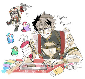 axe blush colored_nails cookie ear_piercing ear_ring food hair humanoid_pointy_ears icing male multicolored_hair muscular muscular_humanoid muscular_male nails piercing pointy_ears ring_piercing solo text takikomi5_f hololive hololive_en vtuber crimzon_ruze elf humanoid english_text hi_res