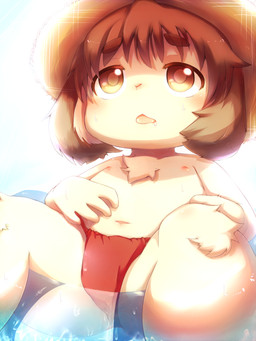 anthro brown_eyes clothed clothing hair hat headgear headwear inflatable kemono male pool_float shadow solo spread_legs spreading topless underwear water young young_anthro young_male do_obmmm canid canine mammal hi_res