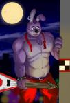 4_fingers abstract_background anthro barazoku bow_(feature) bow_tie fingers food guitar machine male moon muscular muscular_anthro muscular_male musical_instrument night piercing pizza plucked_string_instrument solo string_instrument untied_bow_tie jabuhusky five_nights_at_freddy's scottgames bonnie_(fnaf) animatronic lagomorph leporid mammal rabbit robot 2016 hi_res