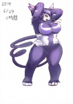 2015 anthro anthrofied big_breasts biped breasts clothing featureless_breasts featureless_crotch felid female generation_4_pokemon huge_breasts japanese_text long_tail mammal navel ni_jikan nintendo open_mouth overweight overweight_anthro overweight_female paws pokemon pokemon_(species) pokemorph purugly signature simple_background solo standing stripes tail tail_tuft tail_wraps text tuft whiskers white_background wraps yellow_eyes yellow_sclera