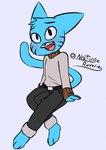 anthro belt belt_buckle blue_body blue_fur bottomwear buckle clothed clothing fully_clothed fur male open_mouth pants smile solo sweater tail topwear nocturnereverie cartoon_network the_amazing_world_of_gumball gumball_watterson felid feline mammal adversarial_noise