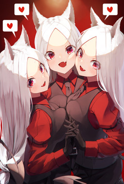 breast_squish breasts breasts_frottage cheek_to_cheek clothed clothing face_squish female female/female gloves group hair hand_holding handwear heart_symbol necktie red_eyes shirt squish topwear vest white_hair mayogii helltaker cerberus_(helltaker) animal_humanoid canid canid_humanoid canine canine_humanoid dog_humanoid humanoid mammal mammal_humanoid 2020 absurd_res digital_media_(artwork) hi_res shaded