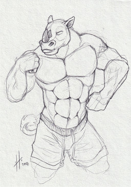 abs anthro bottomwear clothed clothing empty_eyes facial_horn front_view horn male male_anthro mouth_closed muscular muscular_anthro muscular_male navel nose_horn pecs shorts simple_background solo standing topless hufnaar mammal rhinoceros 2017 dated hi_res monochrome portrait signature sketch three-quarter_portrait