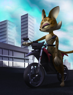 anthro biker breasts building eyelashes eyeshadow featureless_breasts female looking_away makeup motorcycle nude nude_female perspective solo standing vehicle naircat kirby_(series) nintendo clawroline felid leopard mammal pantherine absurd_res hi_res