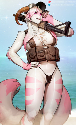 anthro assault_rifle big_breasts bikini blurred_background breasts camel_toe chest_tuft clothed clothing ear_piercing eye_through_hair facial_piercing female fur genital_outline genitals gun hair hand_on_hip harness hat headgear headwear holding_object holding_weapon horn lip_piercing looking_at_viewer multicolored_body multicolored_fur navel obscured_inner_labia open_mouth outside piercing pink_eyes ranged_weapon rifle skimpy smile snakebite_piercing solo standing swimwear text three-quarter_view translucent translucent_hair tuft two-piece_swimsuit vulva vulva_outline weapon kambo hybrid lagomorph leporid mammal rabbit 2022 colored digital_media_(artwork) hi_res portrait three-quarter_portrait url