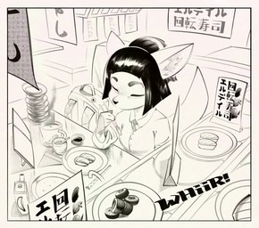 anthro backpack beverage biped chopsticks clothed clothing container cup eating eyebrows eyes_closed female food hair holding_chopsticks holding_object inner_ear_fluff inside necktie school_uniform short_hair sitting solo soy_sauce sushi tea tea_cup text tuft uniform horemheb canid canine fox mammal 2025 black_and_white hi_res japanese_text monochrome
