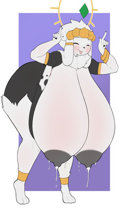 anthro areola bent_over big_areola big_breasts big_butt bodily_fluids breasts butt dewlap_(anatomy) dipstick_ears ear_markings eyes_closed female flower flower_crown gem gesture halo hanging_breasts huge_breasts jewelry lactating leaking_milk multicolored_ears nails plant sharp_nails solo standing tongue tongue_out datmofo4 tabunie deity lagomorph mammal absurd_res hi_res