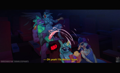 anthro areola bodily_fluids breasts clothed clothing cum eyebrows eyelashes eyes_closed eyewear female food genital_fluids genitals group horn male male/female movie_theater nipples penis popcorn public sitting spread_legs spreading sunglasses tail text vulva sugarlesspaints friendship_is_magic hasbro my_little_pony mythology bonbon_(mlp) gabby_(mlp) lyra_heartstrings_(mlp) spike_(mlp) avian dragon equid equine gryphon mammal mythological_avian mythological_creature mythological_equine mythological_scalie scalie unicorn 2026 artist_name digital_media_(artwork) english_text hi_res