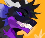 anthro clenched_teeth dragon fangs feathered_dragon feathered_scalie feathers hair head_tuft hi_res horn male mythological_creature mythological_scalie mythology orange_background purple_body purple_eyes scaled_dragon scales scalie simple_background solo teeth teeth_showing therealonelenny tuft