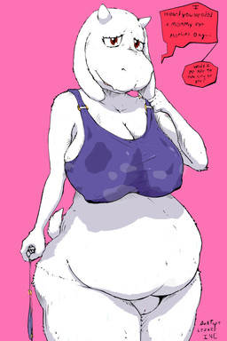 anthro belly belly_overhang big_belly big_breasts big_butt bodily_fluids bottomless breasts butt clothed clothing dialogue female fur g-string g-string_aside genitals holding_clothing holding_object holding_underwear holidays horn huge_breasts mature_anthro mature_female nipple_outline offering_sex offering_to_viewer overweight overweight_anthro overweight_female removing_shirt shirt shirt_only solo sweat sweat_clouds sweaty_body sweaty_breasts sweaty_chest sweaty_clothing sweaty_genitalia sweaty_legs tail talking_to_viewer tank_top tank_top_only text thick_thighs topwear topwear_only underwear undressing undressing_self white_body white_fur wide_hips ducktape_lizard_inc mother's_day undertale_(series) toriel bovid caprine goat mammal 2:3 english_text hatching_(art) hi_res shaded