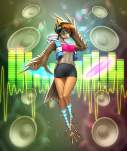 2000s_theme anthro beak bottomwear breasts clothing electronics female frutiger_metro green_eyes hair headphones hoodie legwear looking_at_viewer navel pattern_clothing pattern_legwear short_hair skirt solo speaker striped_clothing striped_legwear stripes topwear tube_top winged_arms wings y2k_(graphic_design) mykegreywolf avian bird oscine passerine sparrow 2023 absurd_res hi_res